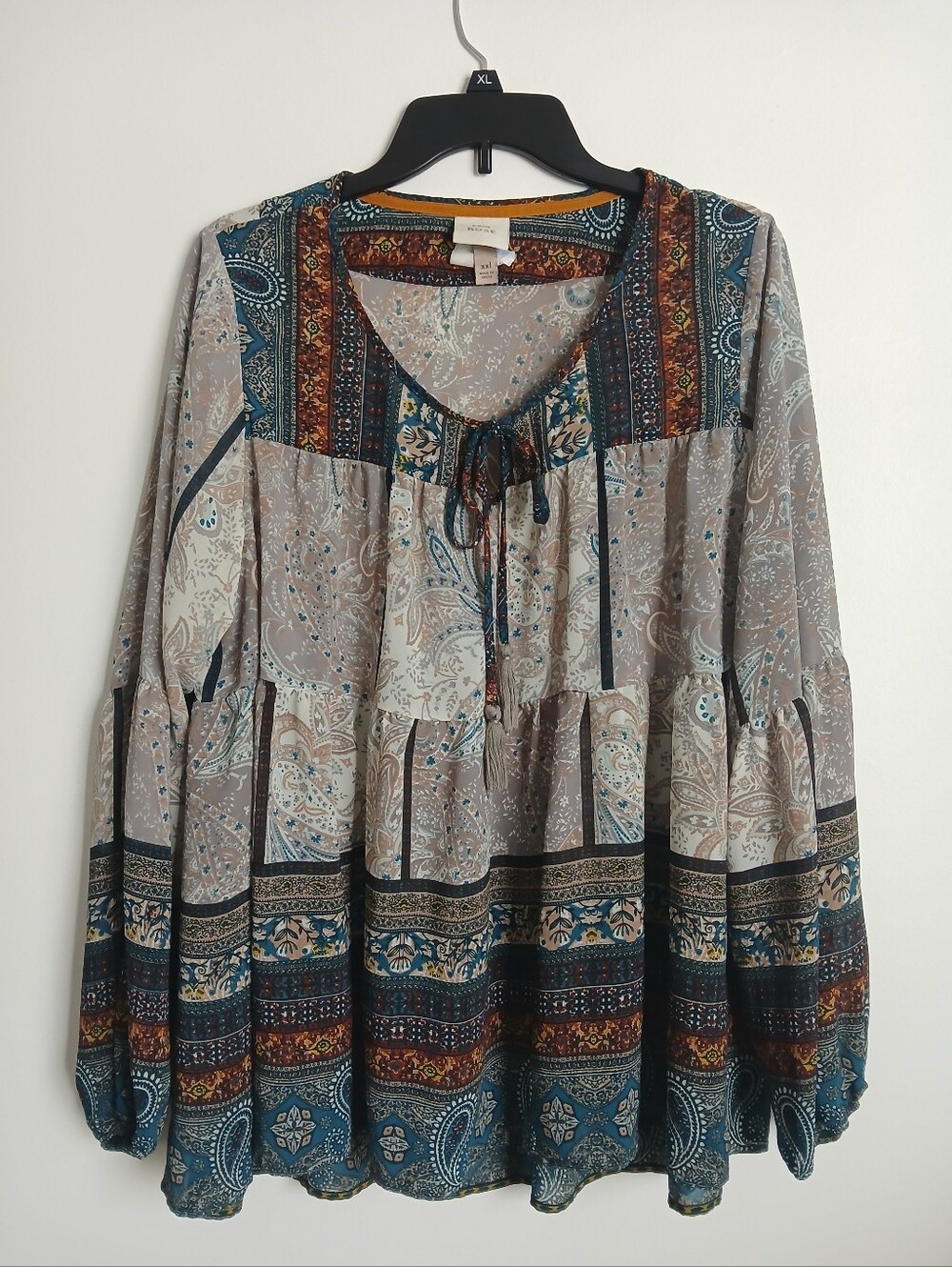Knox Rose Size XXL Blouse Tassle Tie Boho Multicolor